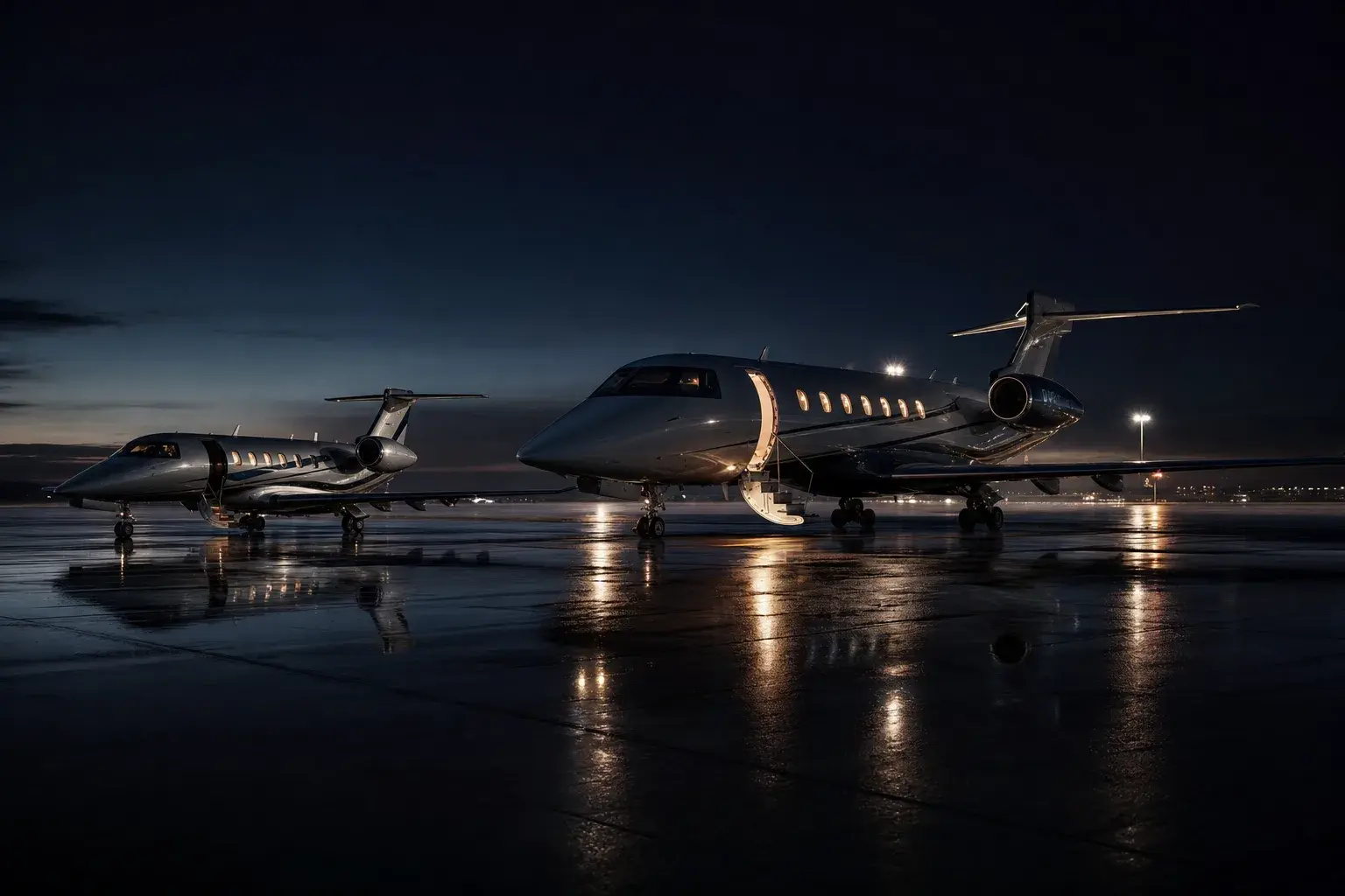Business jet vs private jet: a midsize jet on the apron before a charter flight