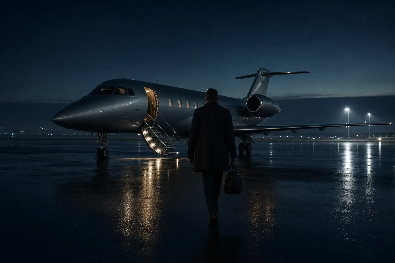 Passenger walking to a private jet on the apron, a flight arranged by a private jet broker and carried out by the operator