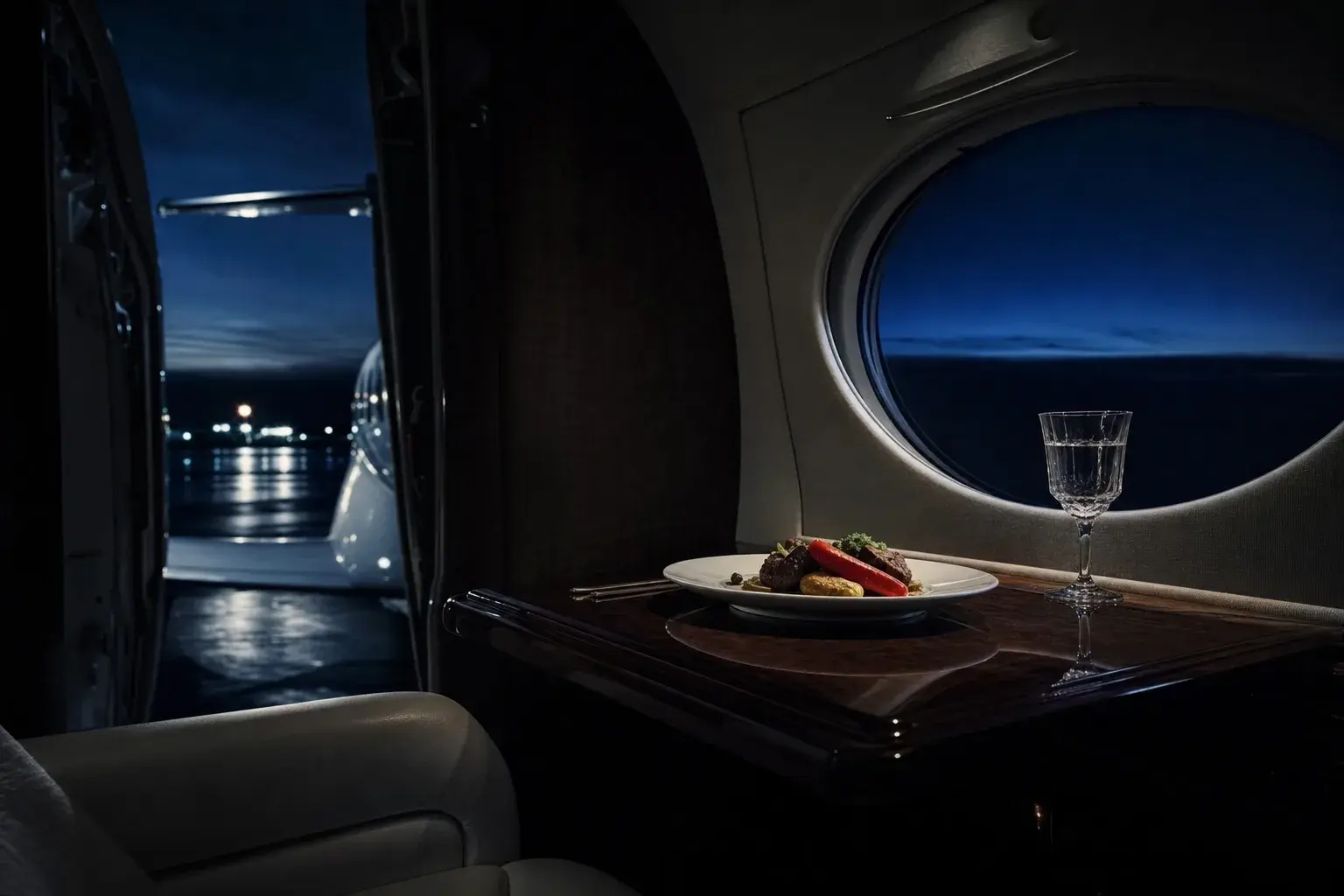 Private jet catering: plated meal on a table in a private jet cabin
