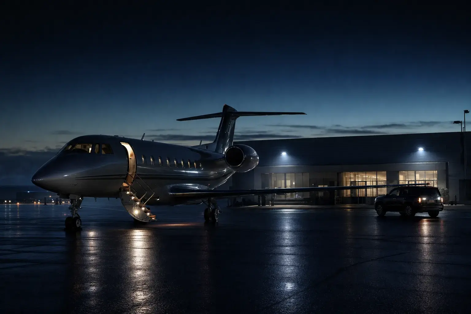 Private jet customs: business jet parked in front of a general aviation terminal after an international arrival