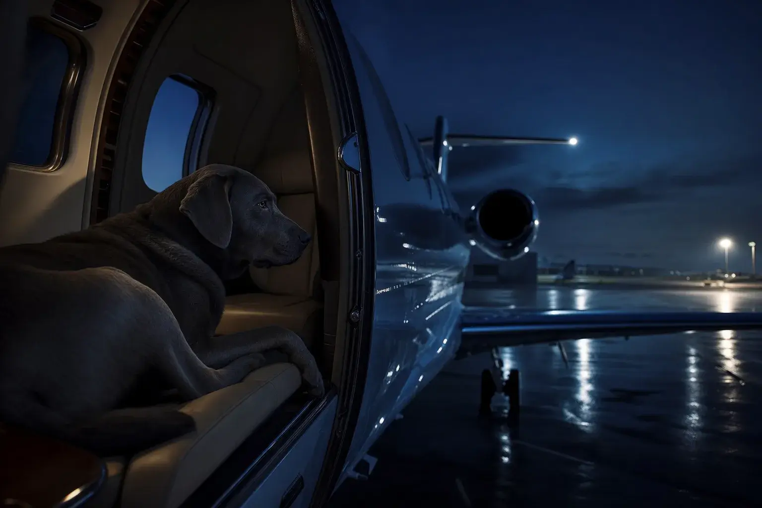 Private jet dogs: a dog resting on a leather seat in a midsize jet cabin