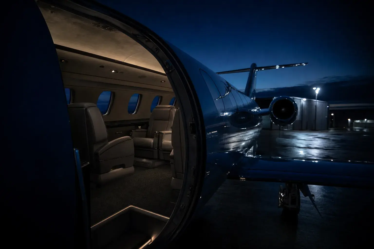 Passenger cabin of a private jet on the apron before boarding