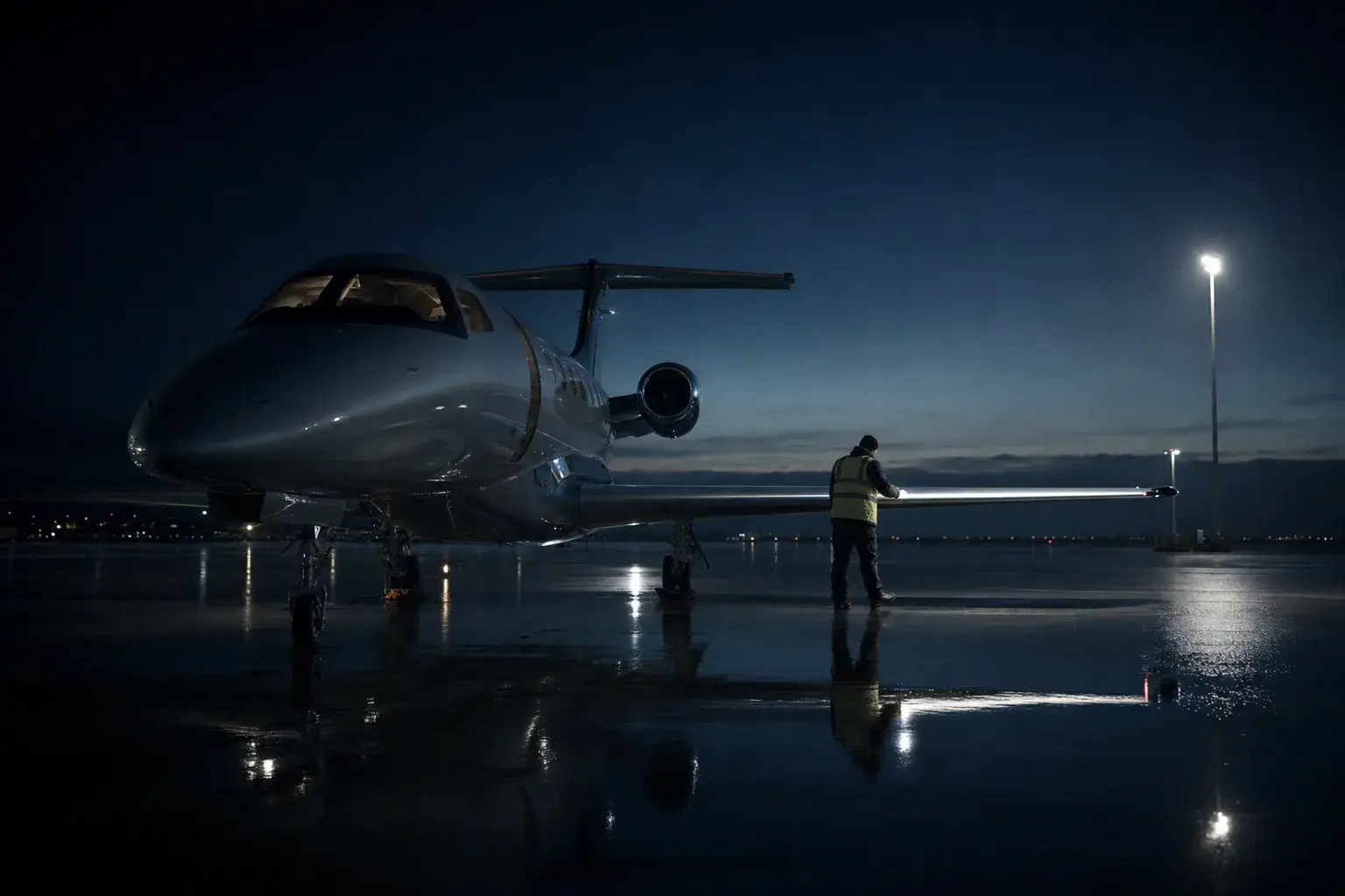 Light jet on an apron, operator name on the fuselage, a private jet safety check