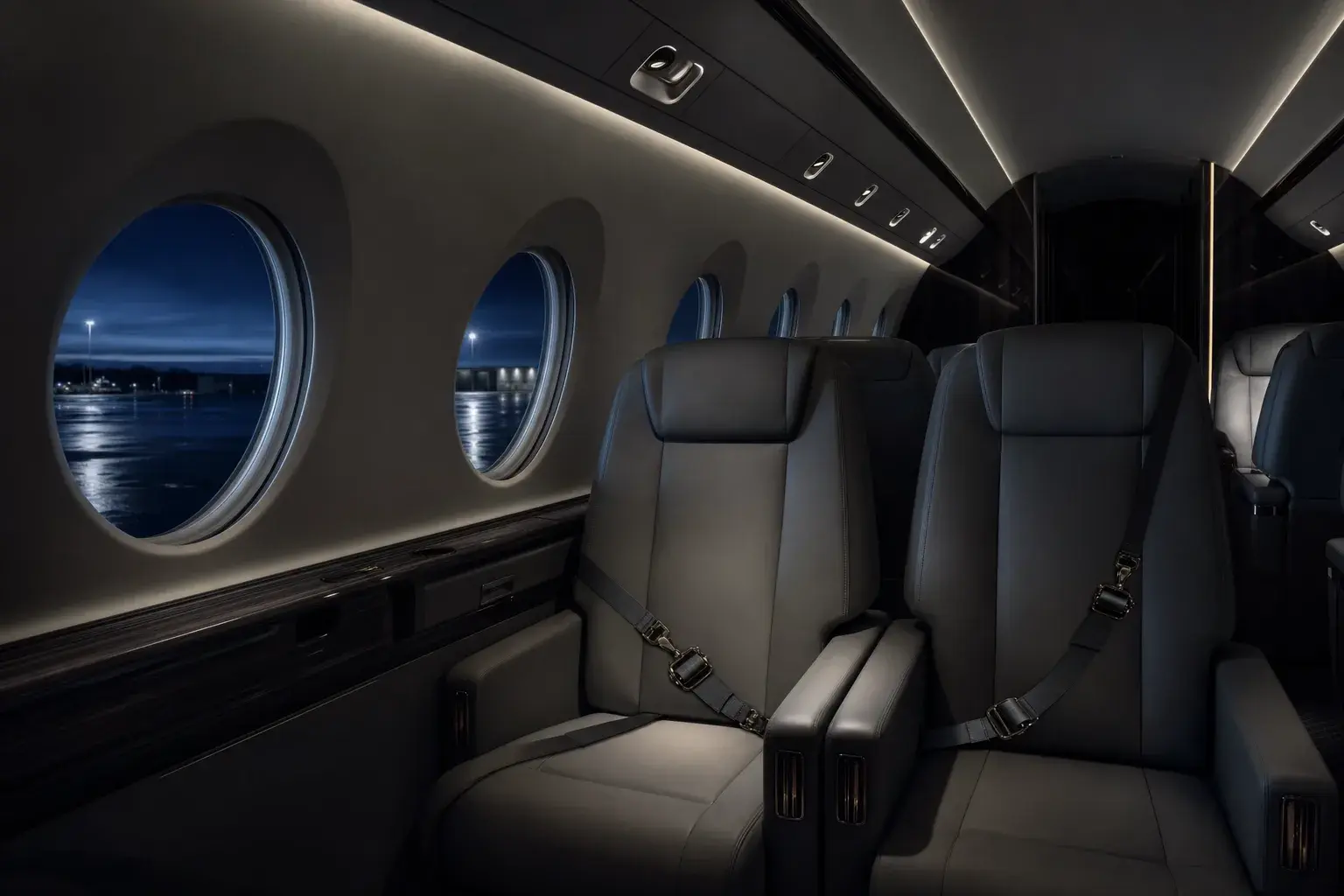 Private jet turbulence: cabin in flight with the seat-belt sign switched on