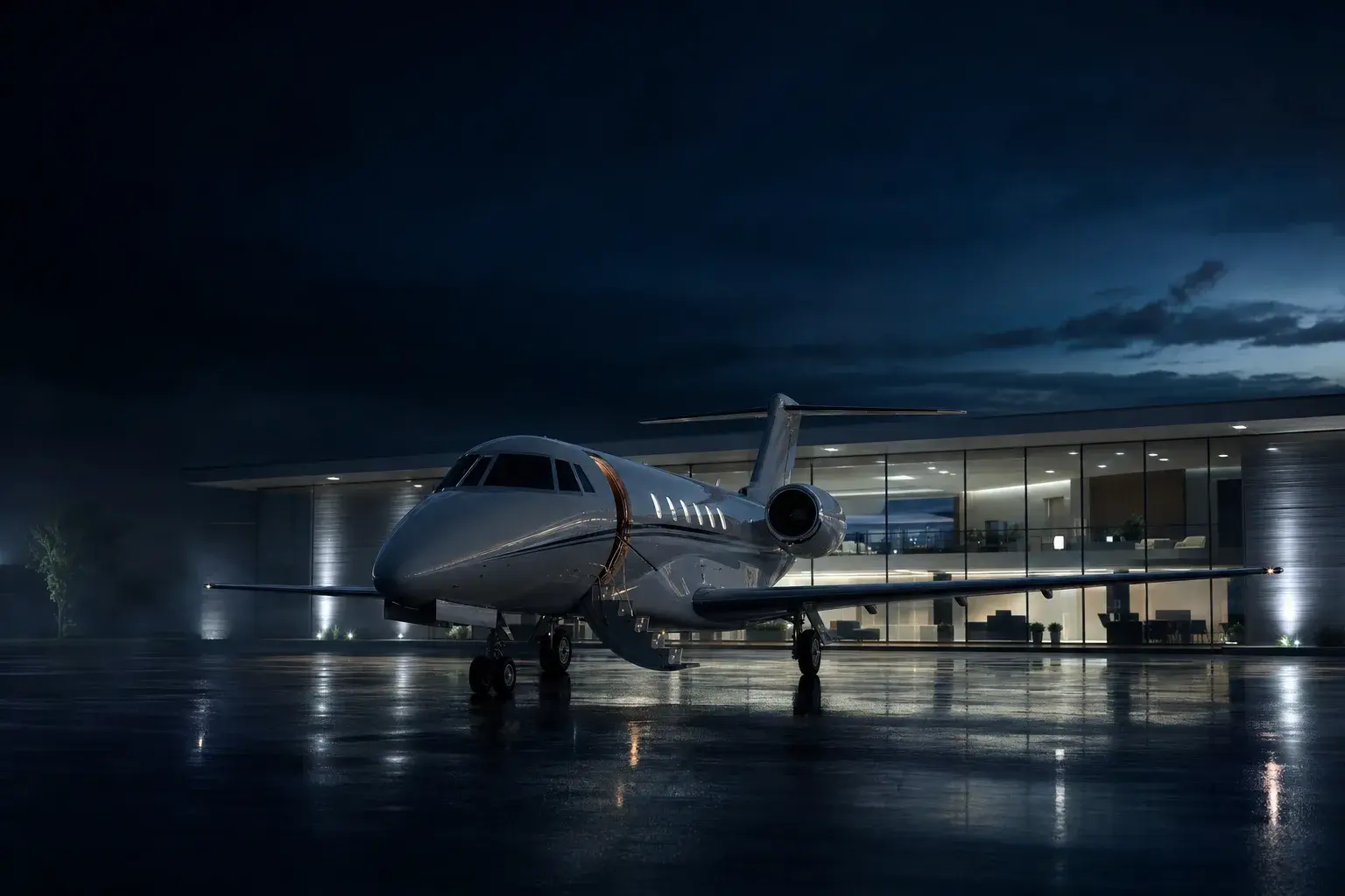 Midsize jet parked on the apron in front of an FBO building