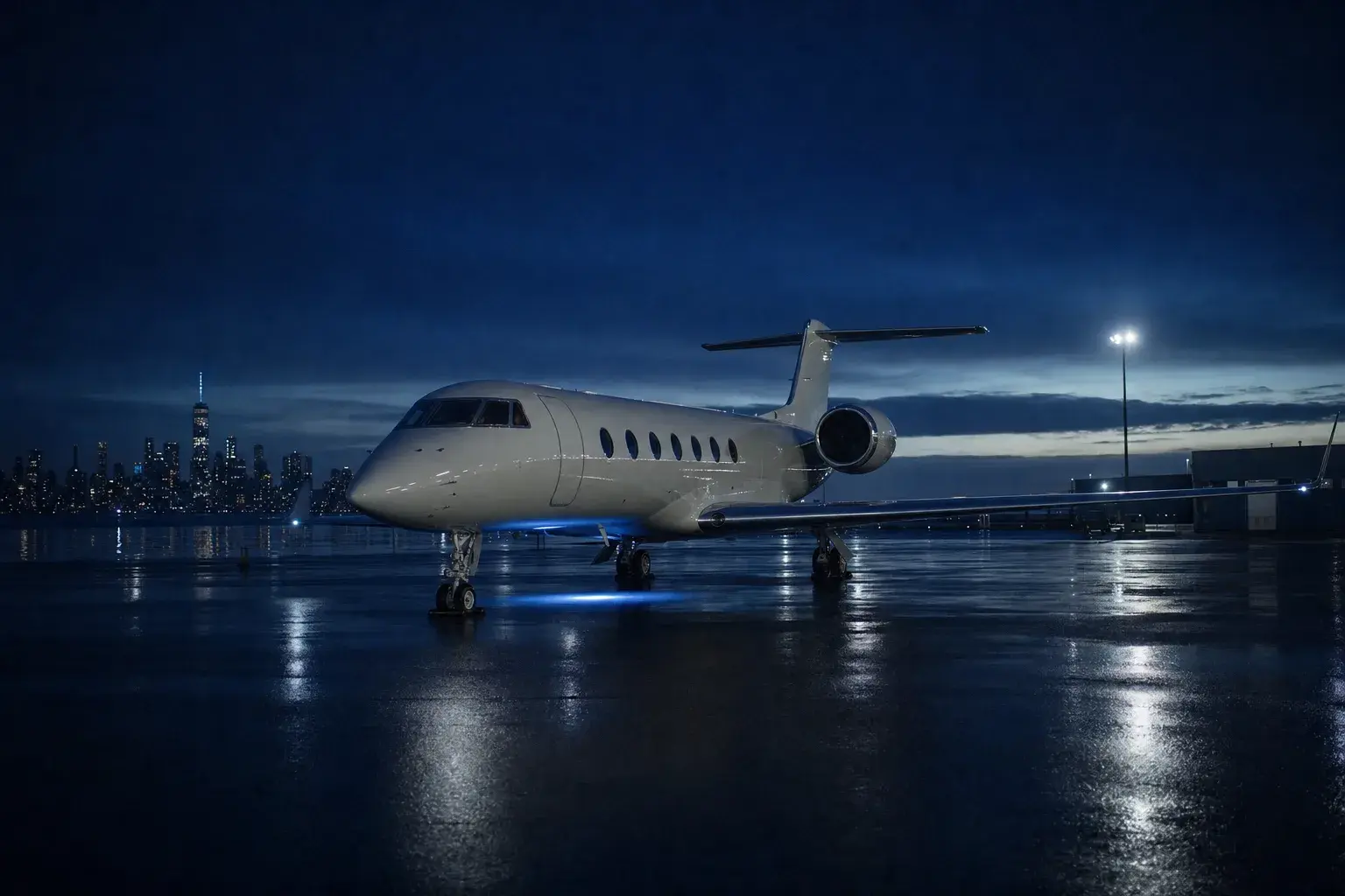 Private jet from London to New York: great-circle track from Luton to Teterboro drawn over the North Atlantic