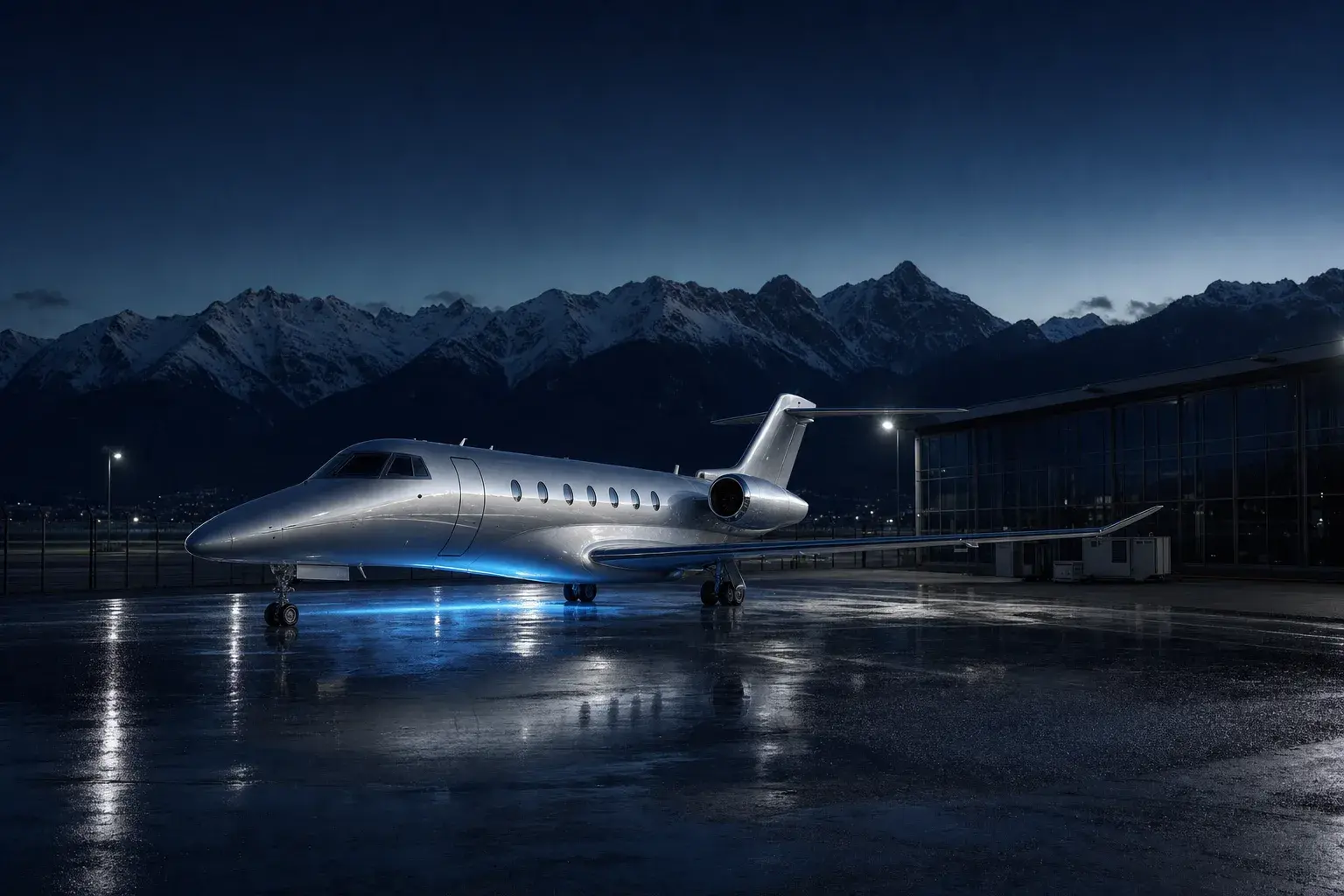 Business jet on the apron at Genève Aéroport with the Alps behind