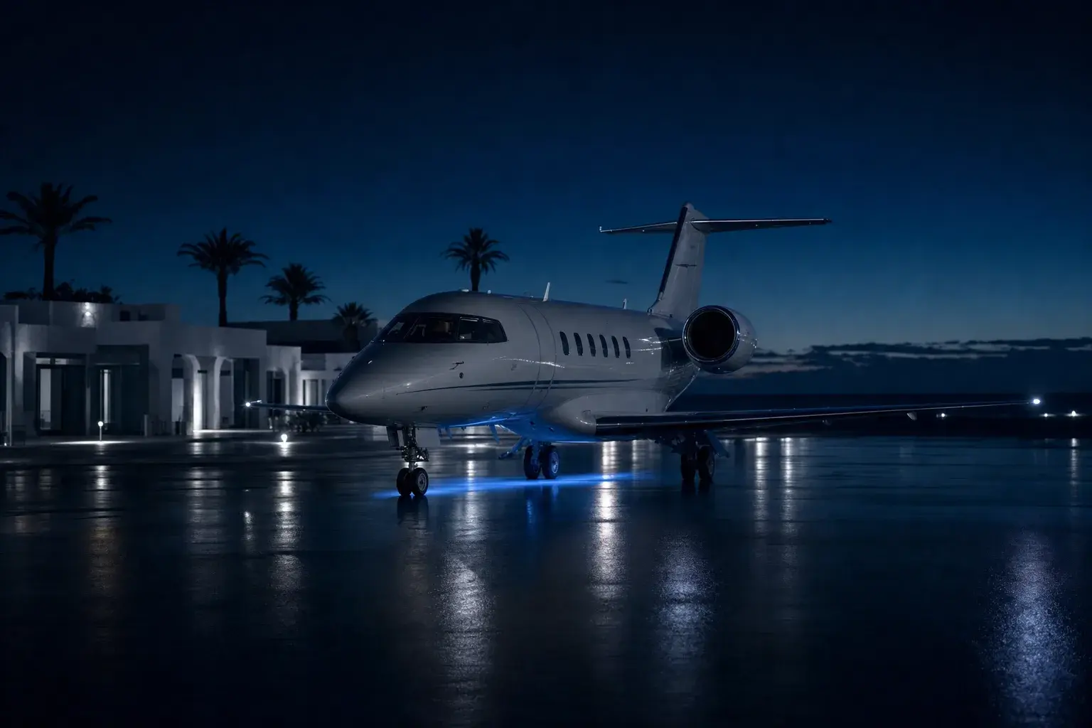 Business jet on the general aviation apron at Ibiza Airport at dusk