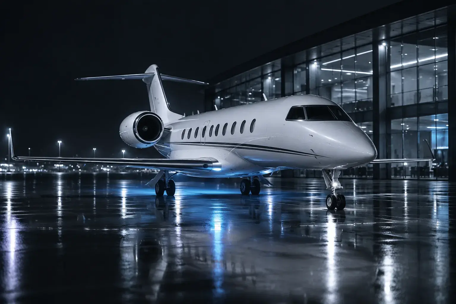Business jet on a wet apron at a London business aviation airport at night
