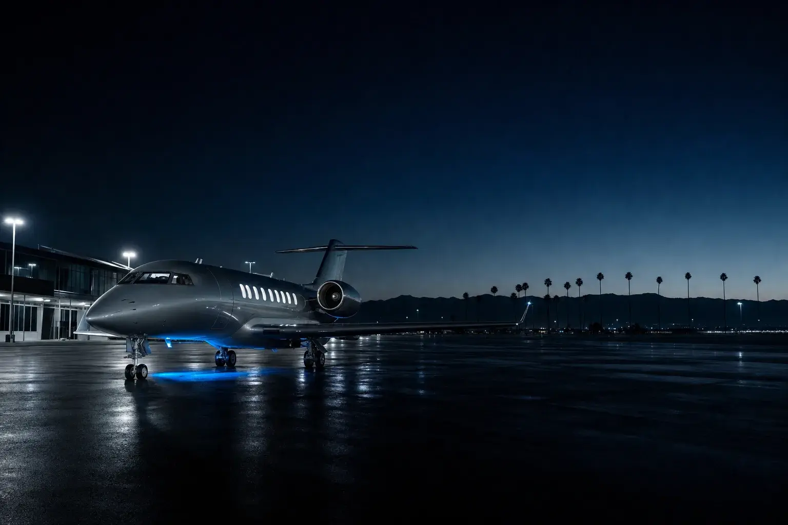 Business jet on a Los Angeles apron at night, palms and hills behind