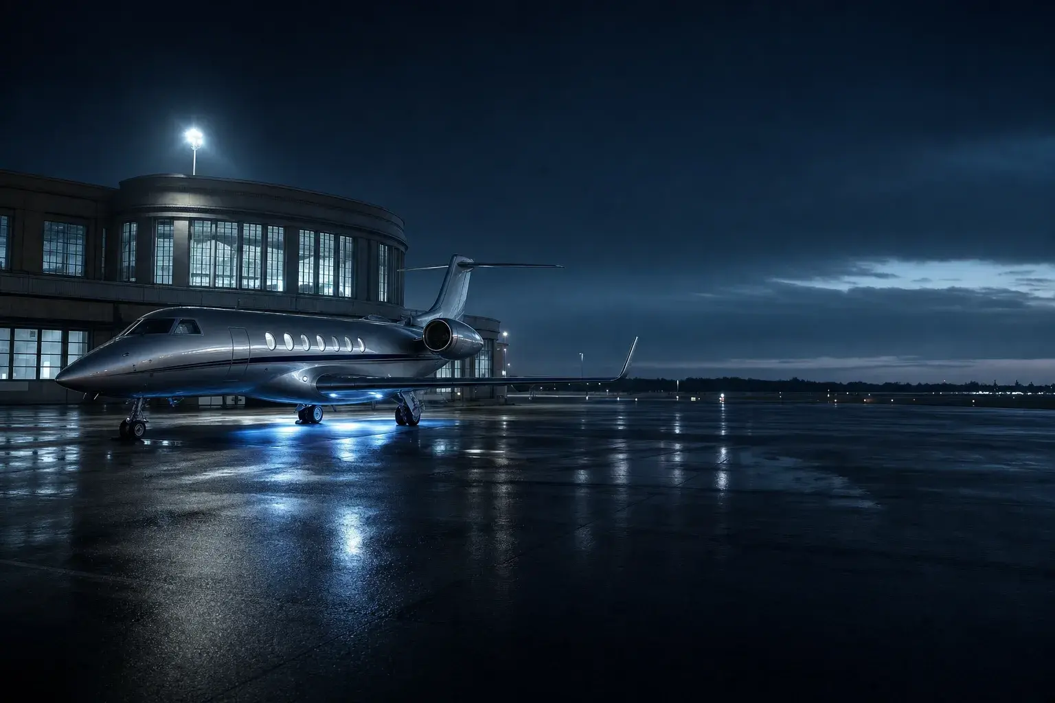 Business jet on a night apron at a Paris business aviation airport