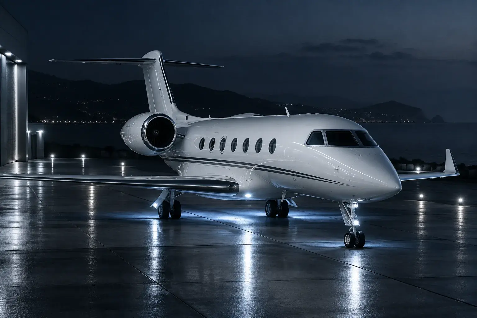 Business jet on the apron on the Cote d’Azur at blue hour