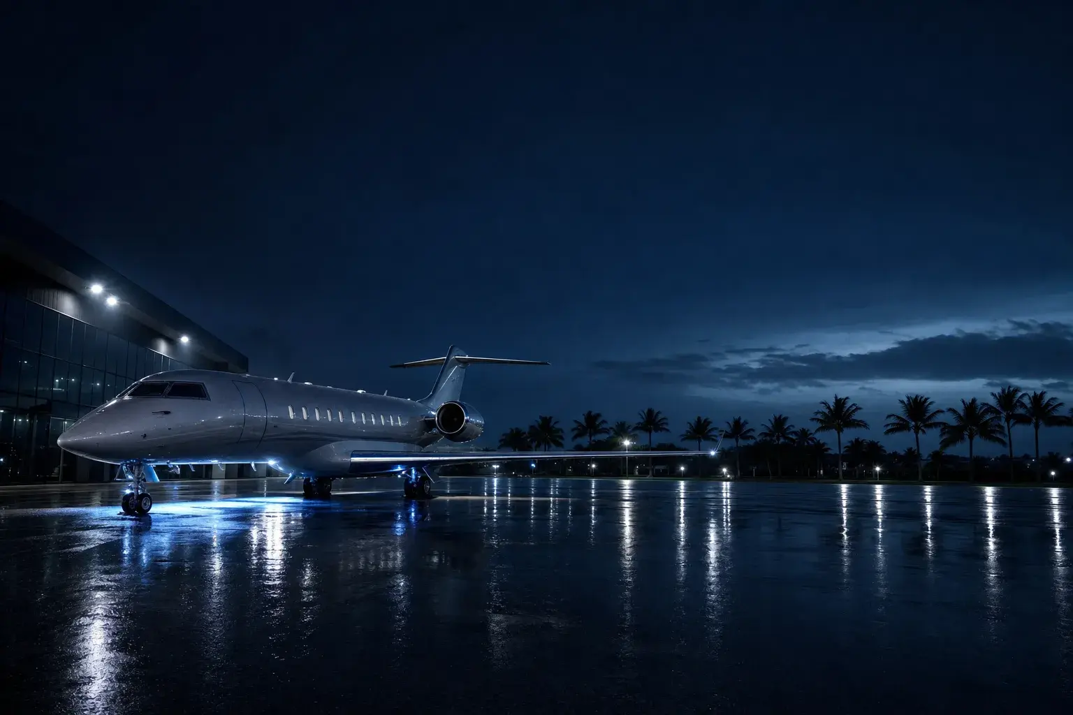 Business jet on a wet South Florida apron after rain, palms in silhouette