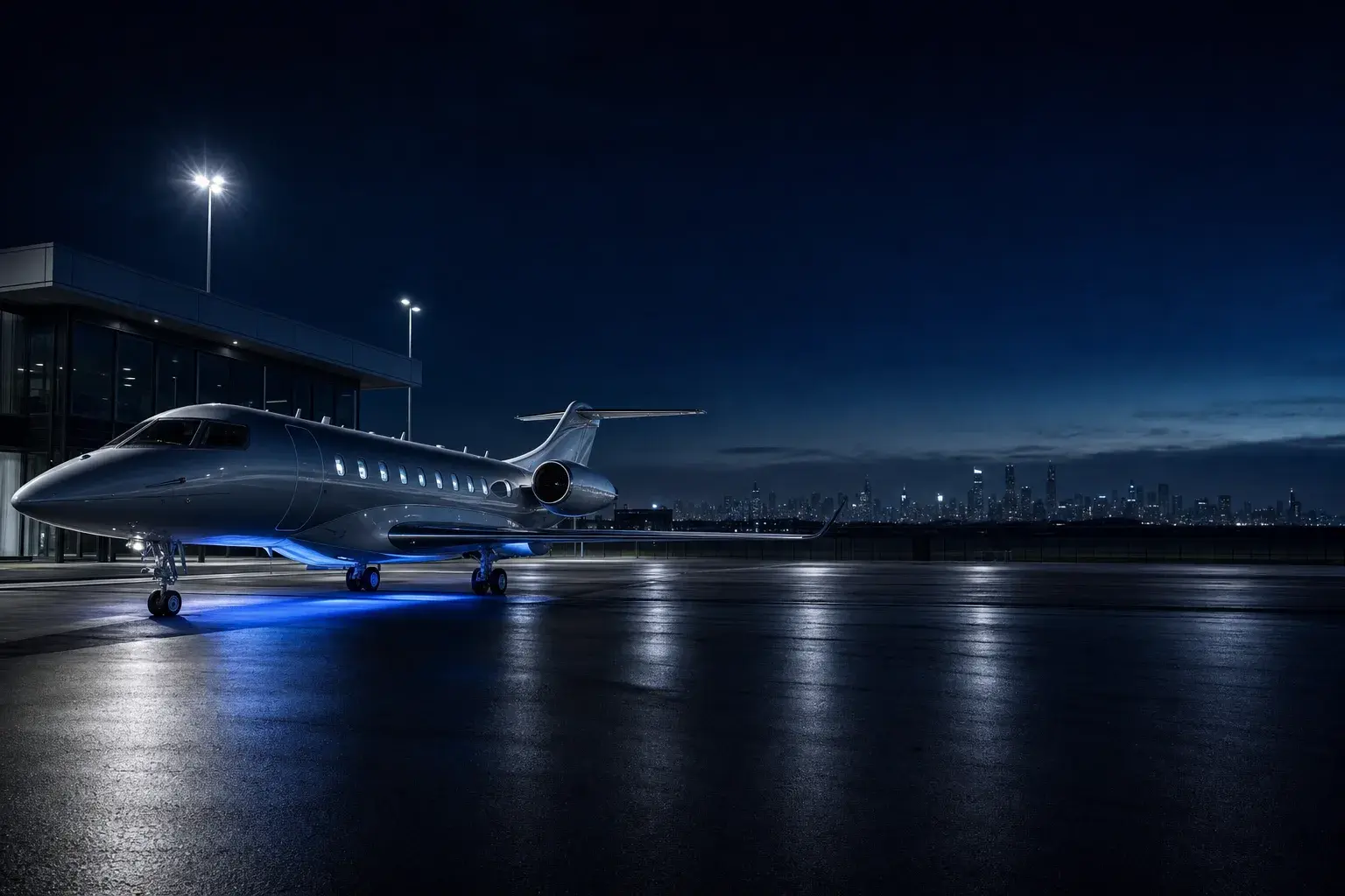 Business jet on a Teterboro apron at night, Manhattan skyline far behind